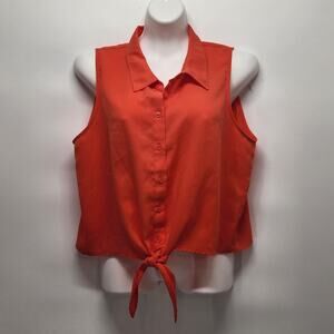 Alex Marie Orange Button Down Tie Waist Sleeveless Blouse Women's L